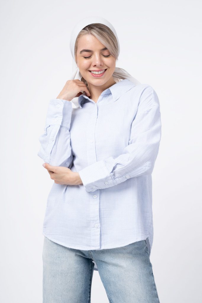 شومیز لینن راه راه دبل فیس (Blend Collar)